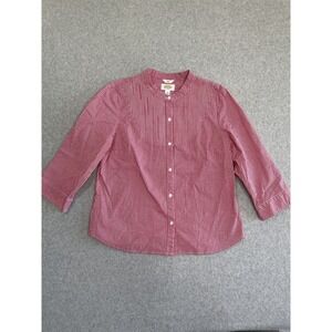 Talbots Top Women's Large Pink Checked Button Mock Collar 3/4 Sleeve Stretch